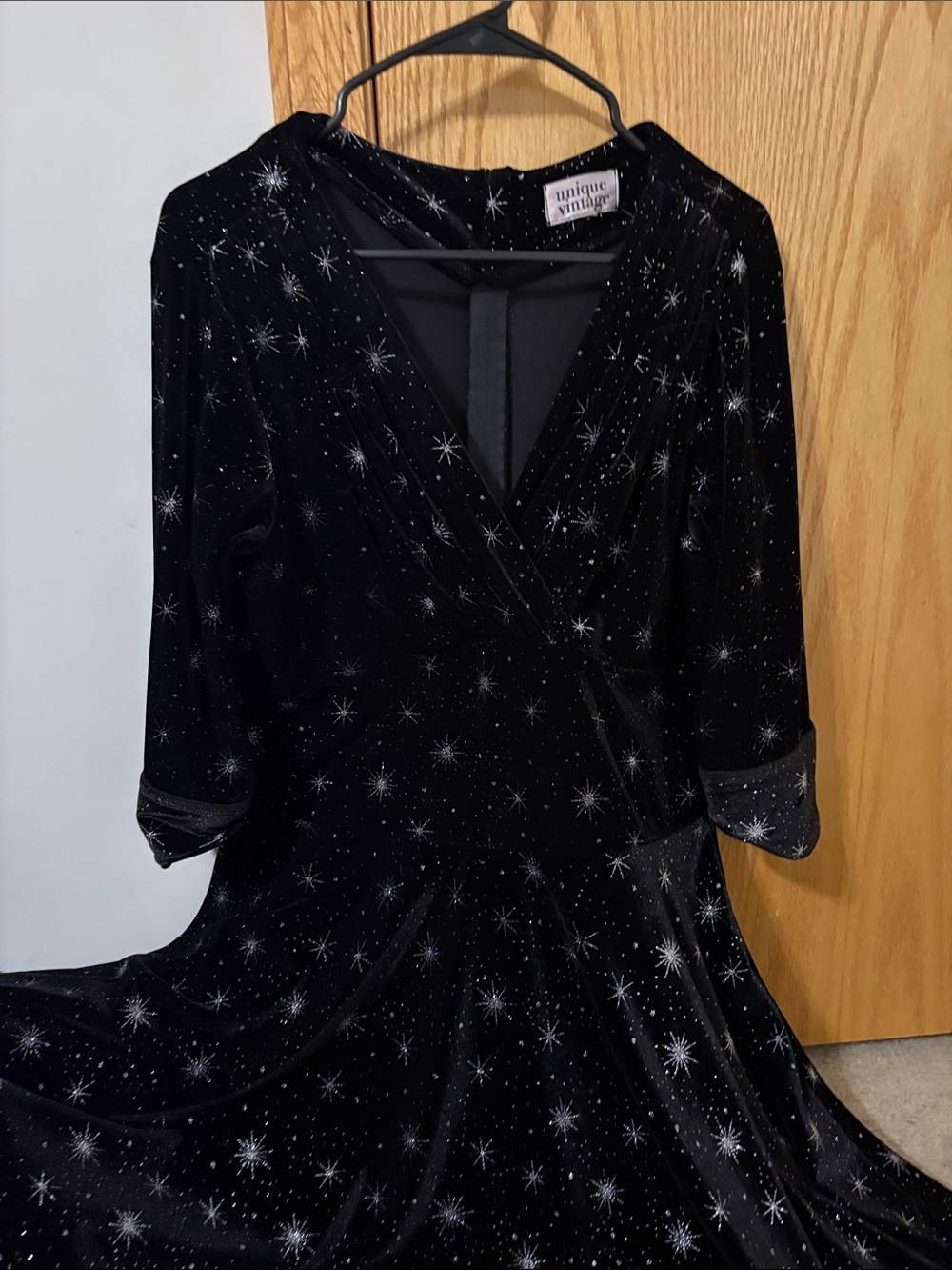 Unique Vintage Black Velvet Star-Print Wrap Dress